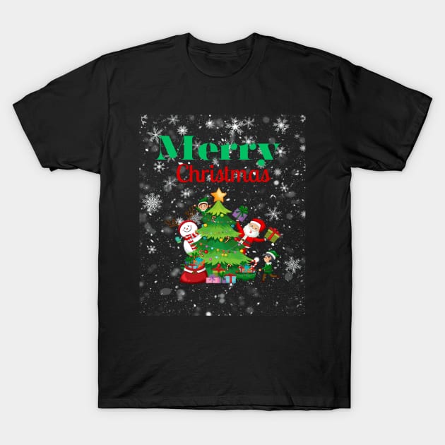 Merry Christmas, Santa, Elf, Snowman Design T-Shirt by BirdsnStuff